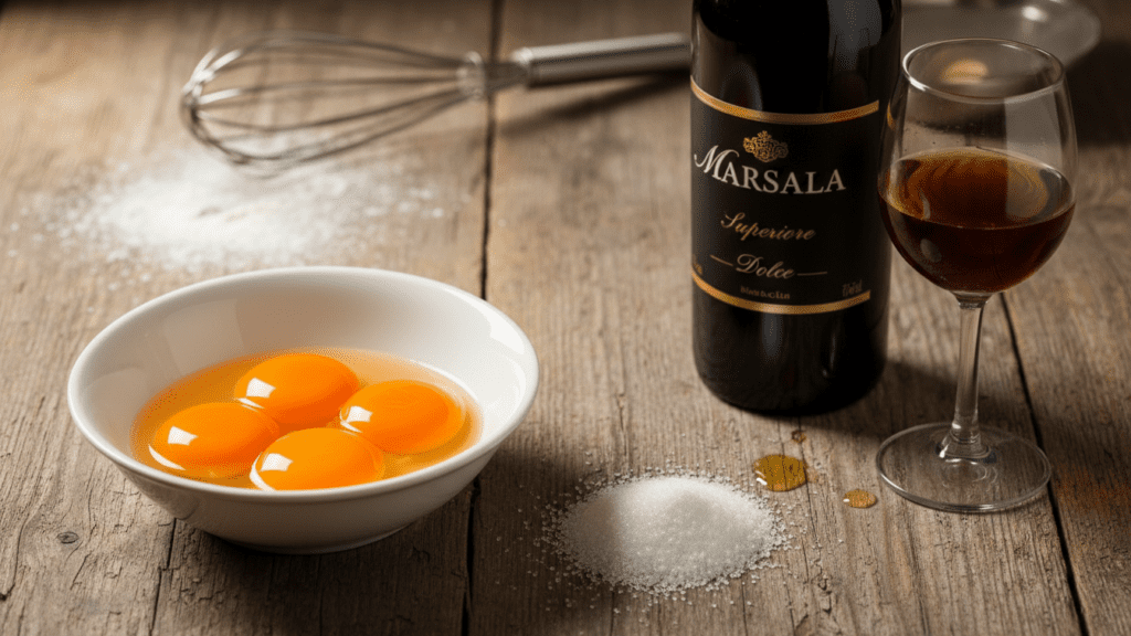 Collage showing egg yolks, sugar, and Marsala wine for zabaglione.