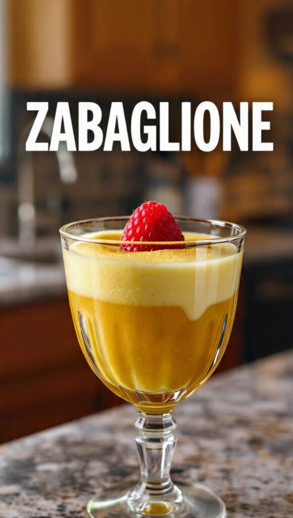 A glass of frothy zabaglione with fresh berries and a text overlay.