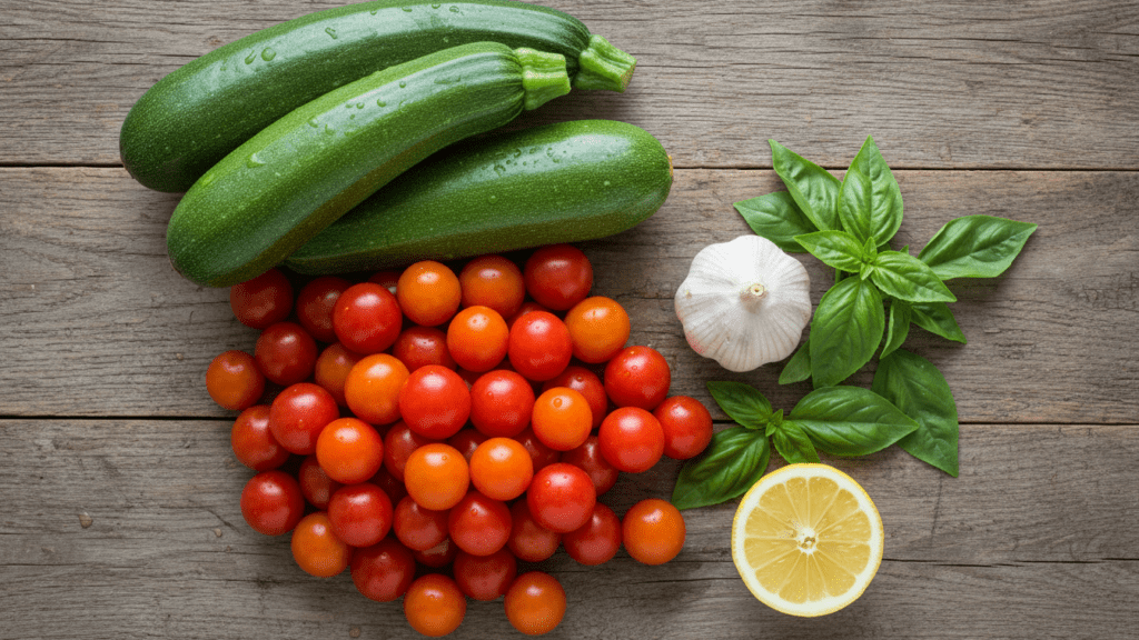 A collage of raw ingredients including zucchini, garlic, lemon, basil, and cherry tomatoes.